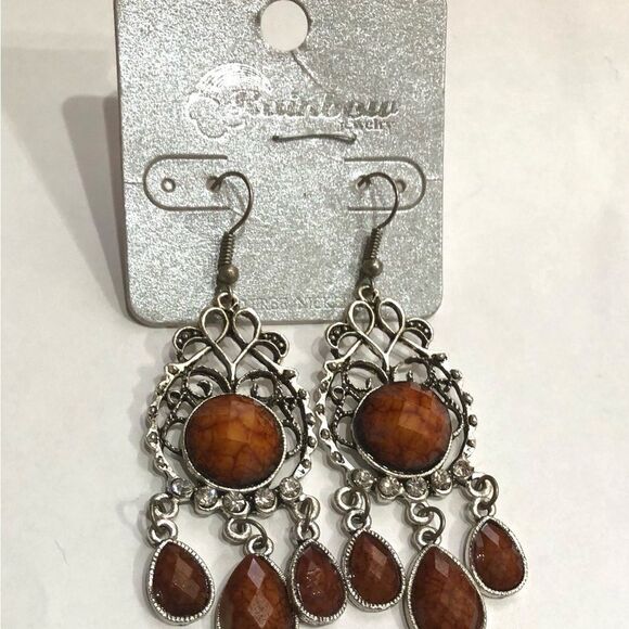 Rainbow Jewelry Brown Beveled Rhinestones Teardrop Chandelier Earrings (a)180 - Picture 5 of 7